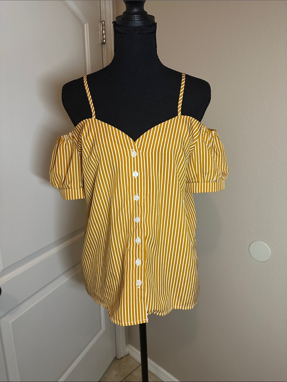 SHEIN Mustard Yellow Striped Off-Shoulder Button Top